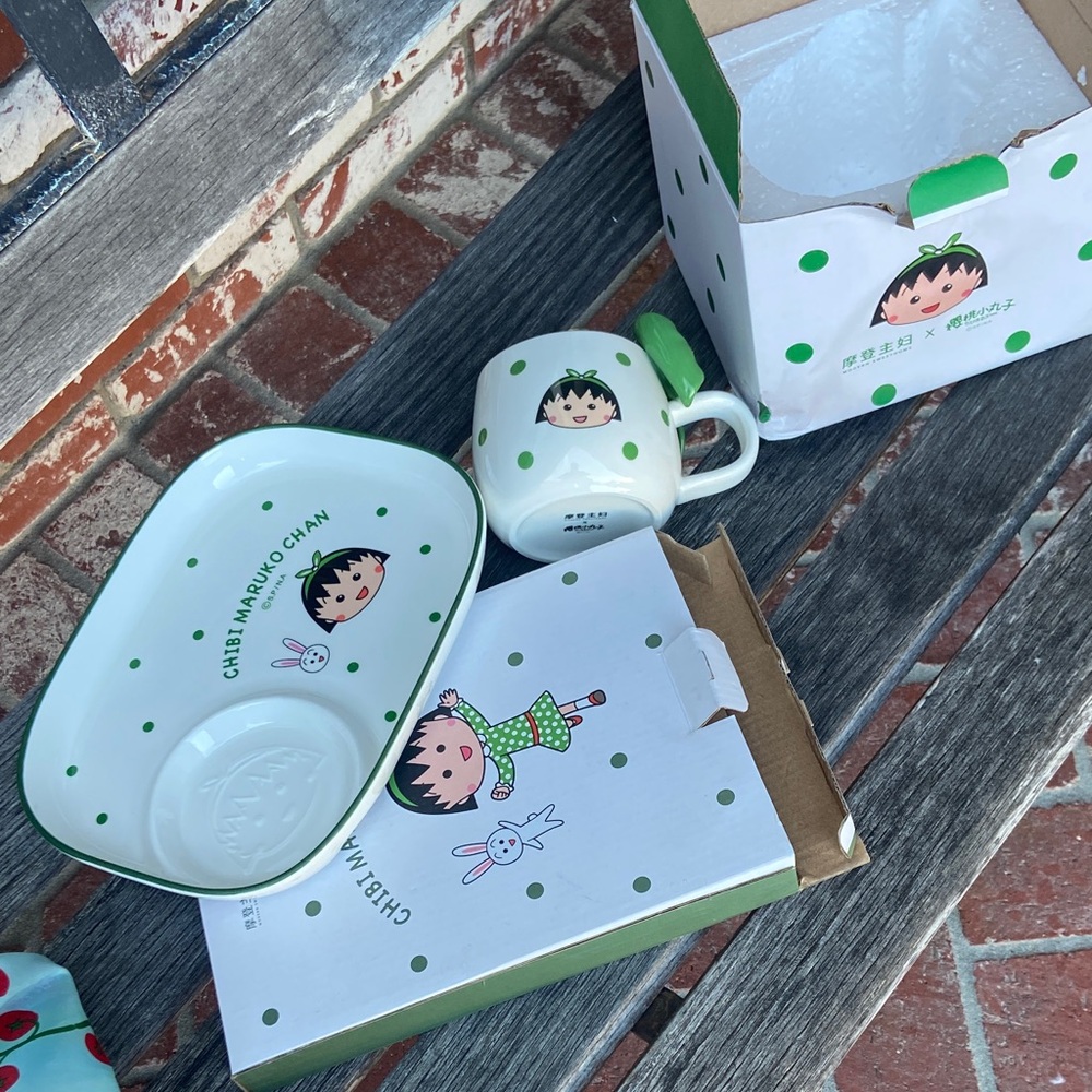 Chibi Maruko Chan Green Polka Dot Dish Set (2)